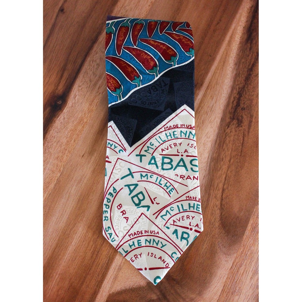 Tabasco Neck Tie Cream Blue Silk Chili Pepper Sauce Logo Novelty USA 58"